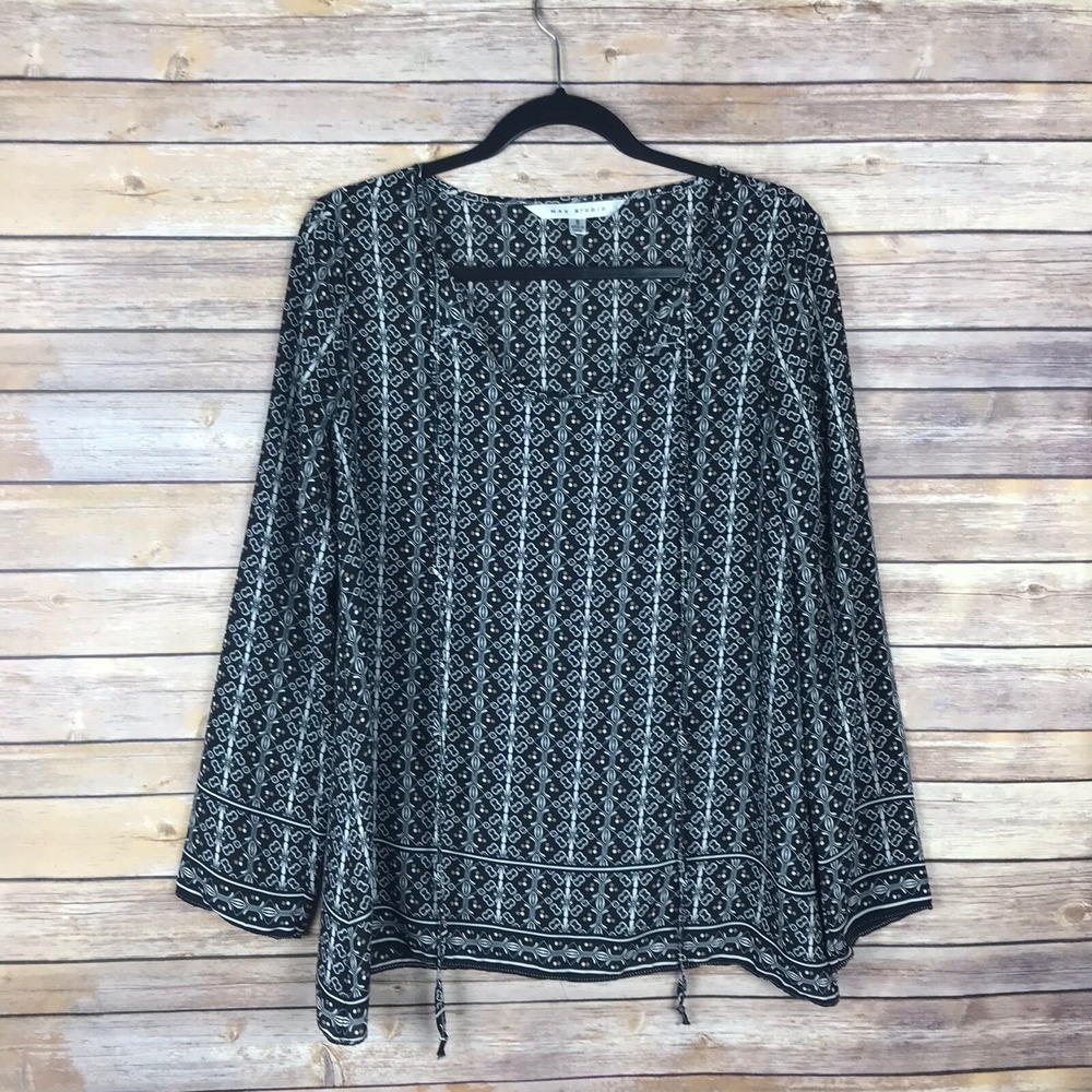Max Studio Top Womens S Black Geometric Semi Sheer Blouse Long Sleeve Pullover